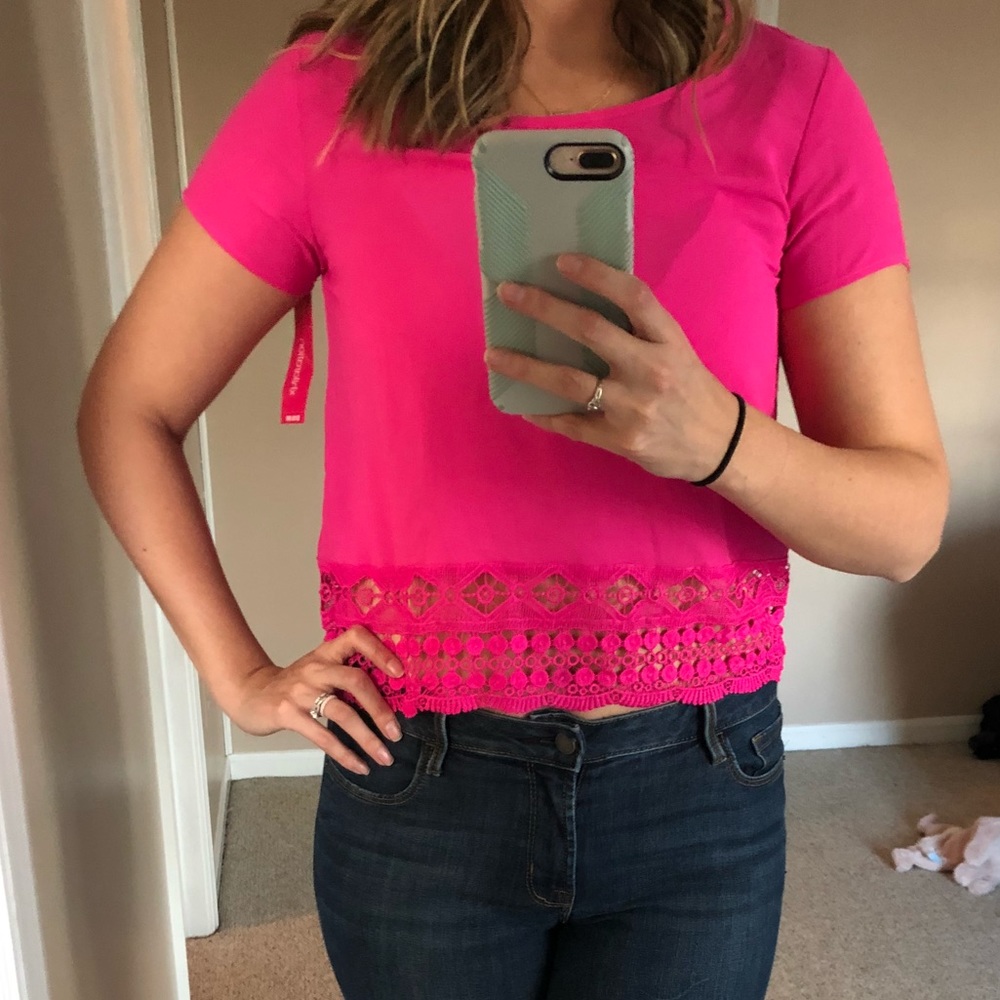 Hot pink lace trim crop NWT
